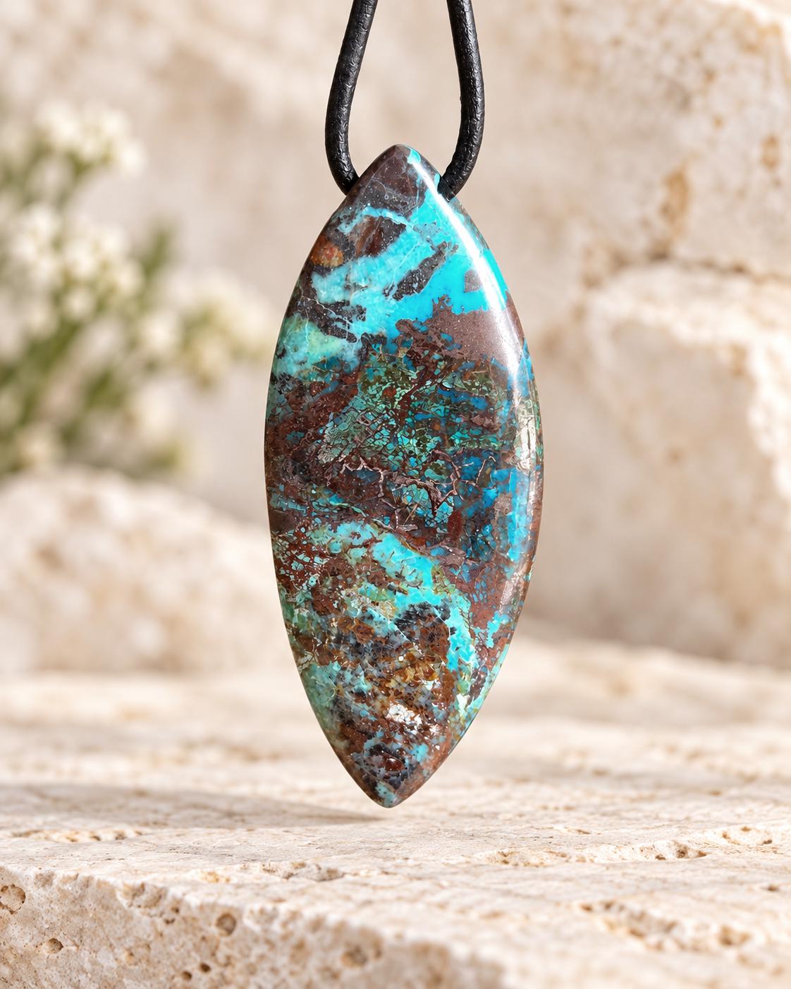 Shattuckit Navette förmig Anhänger, 50 x 21 x 5 mm, gebohrt, an verstellbarem Lederband, Hals Chakra, Meditation