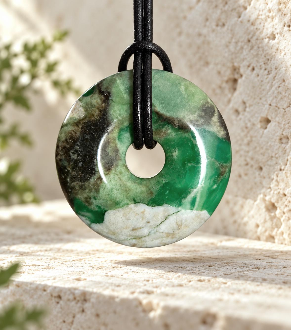 Rarität, seltener Variscit, Variscite, Variszit Donut Anhänger, 33 x 8 mm, an verstellbarem Lederband