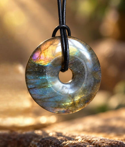 Labradorit Donut groß, grün blau apricot rose gold Anhänger, 40 x 7 mm, gebohrt, an verstellbarem Lederband