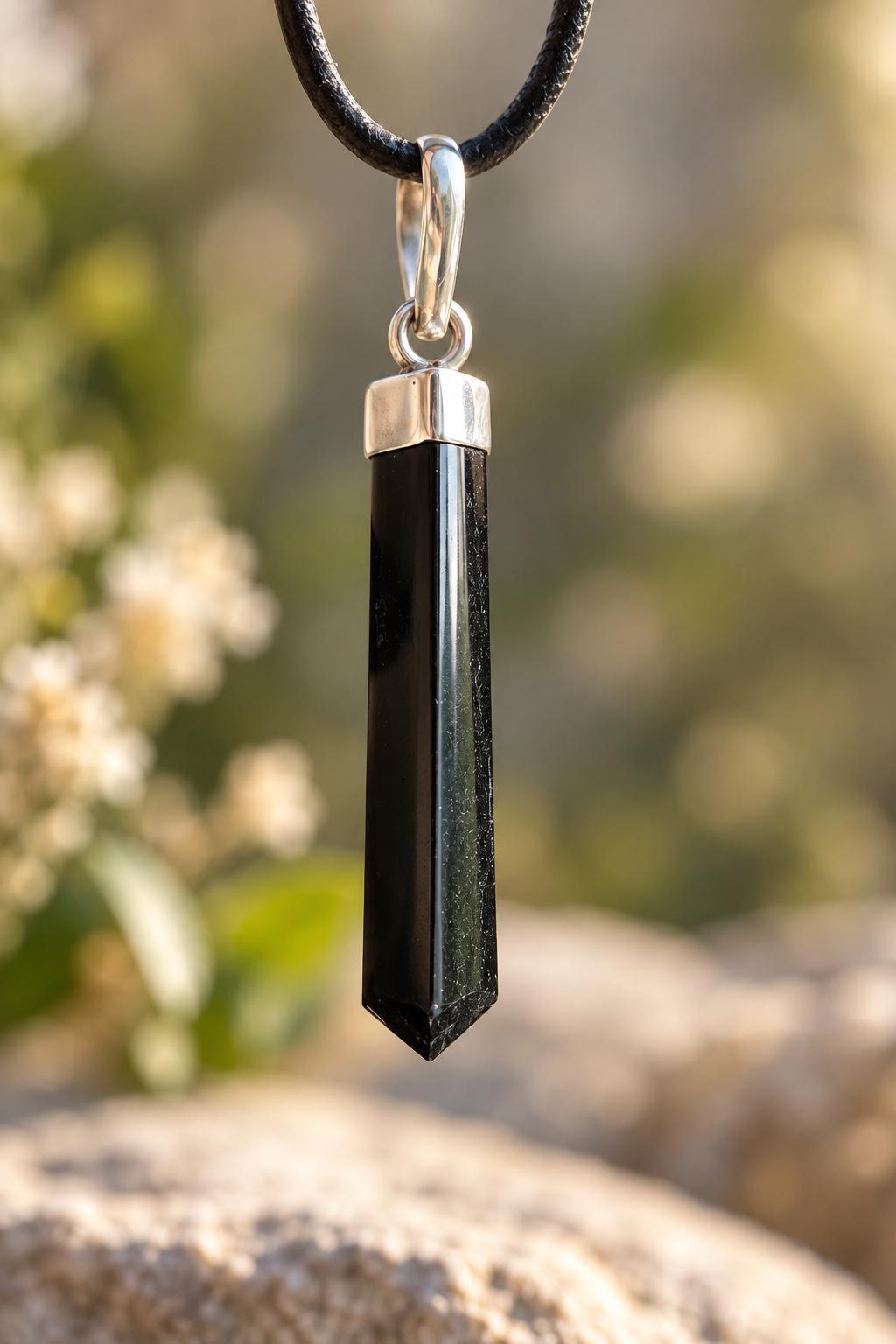 Turmalin schwarz Schörl Stäbchen, an 925er Silber Öse, Anhänger, 42 x 7 x 7 mm, an verstellbarem Lederband