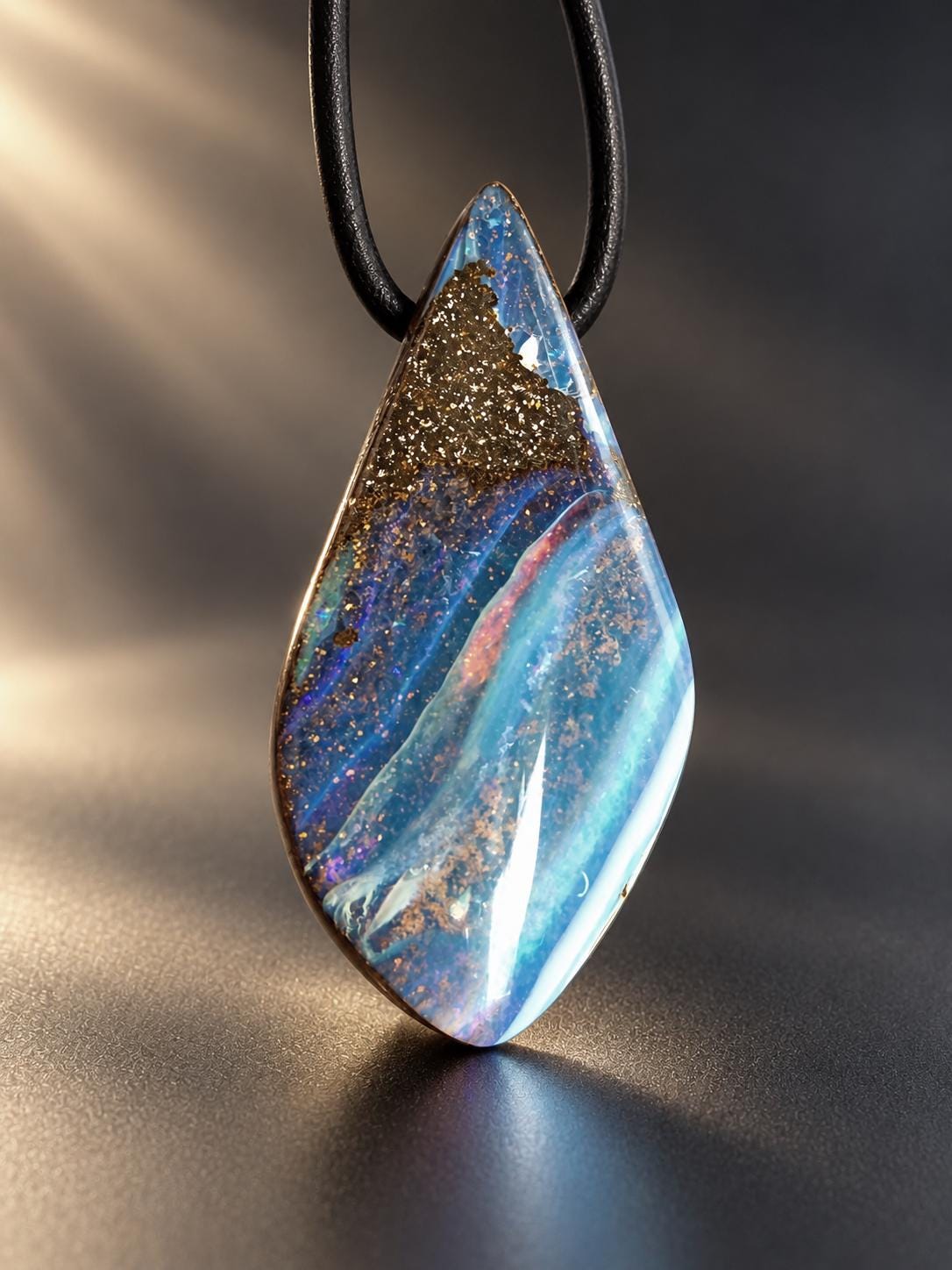 Großer flashfire blauer Boulder Opal, Boulderopal Anhänger, 42 x 21 x 11 mm, Quilpie Queensland Australien, an verstellbarem Lederband