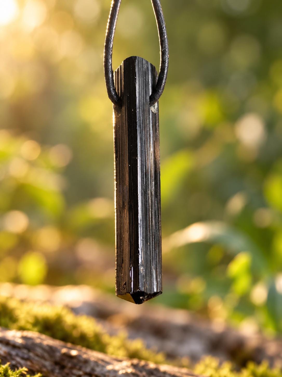 Grosser schwarzer Turmalin Schörl, roh belassen, unversehrt, mit gewachsener Spitze, 43 x 9 x 9 mm, gebohrt, an verstellbarem Lederband
