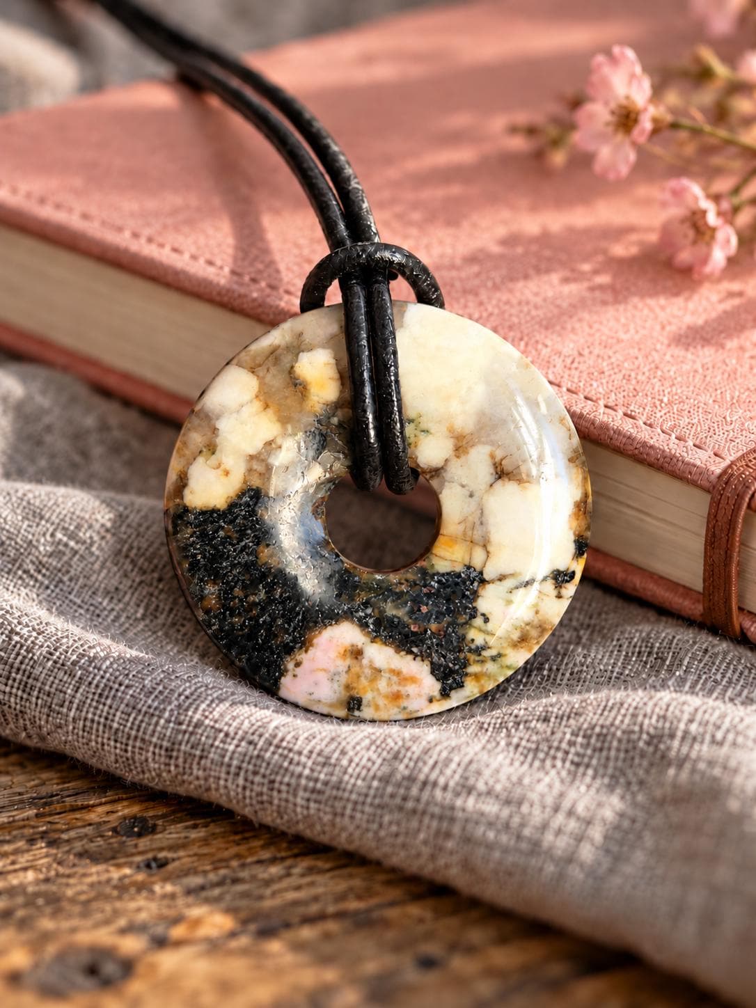 Seltener Khyberstein Kyhber stone, neu entdeckter Heilstein mit Hornblende, Donut Anhänger, 31 x 6 mm, an verstellbarem Lederband