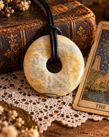 Hochwertiger echter Mondstein, cremeweiß, Donut, Anhänger, 30 x 6 mm, am Lederband Kronenchakra Meditation Weiblichkeit