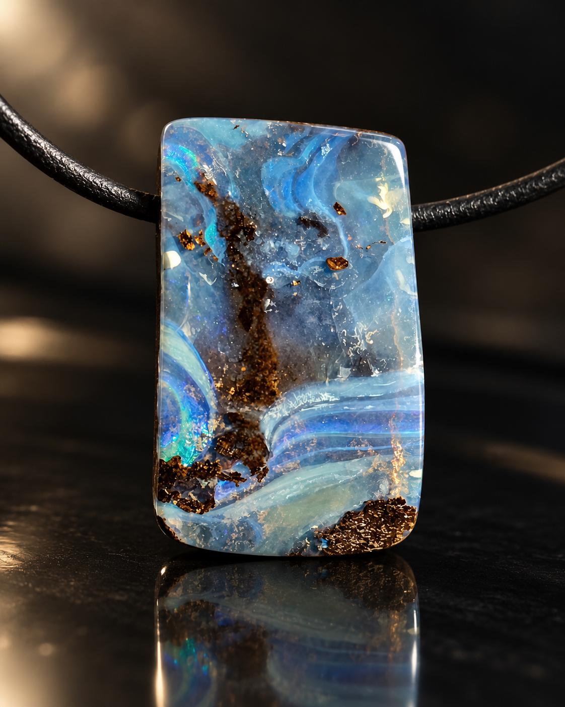 Boulder Opal, Boulderopal blau flash fire, Anhänger, 27 x 17 x 10 mm, Quilpie Queensland Australien, an verstellbarem Lederband