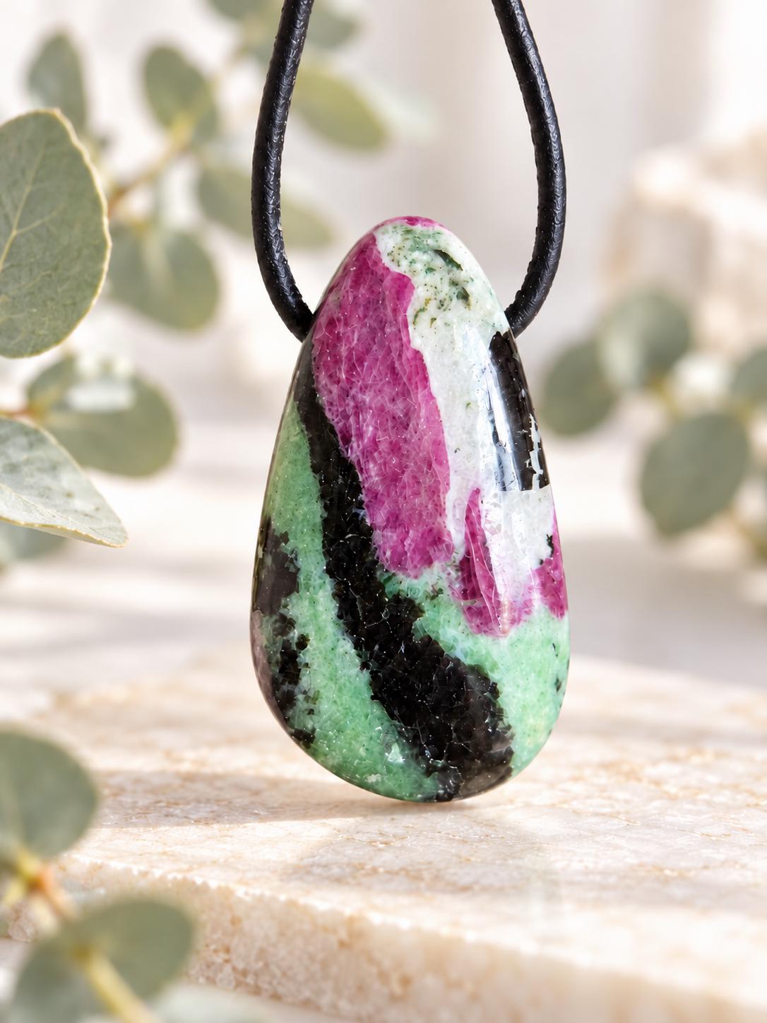 Rubin Zoisit, Anhänger, 35 x 19 x 10 mm, gebohrt, an verstellbarem Lederband