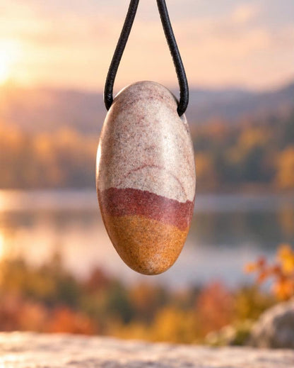 Shiva Lingam Venus Stein Anhänger, 39 x 20 mm, gebohrt, an verstellbarem Lederband