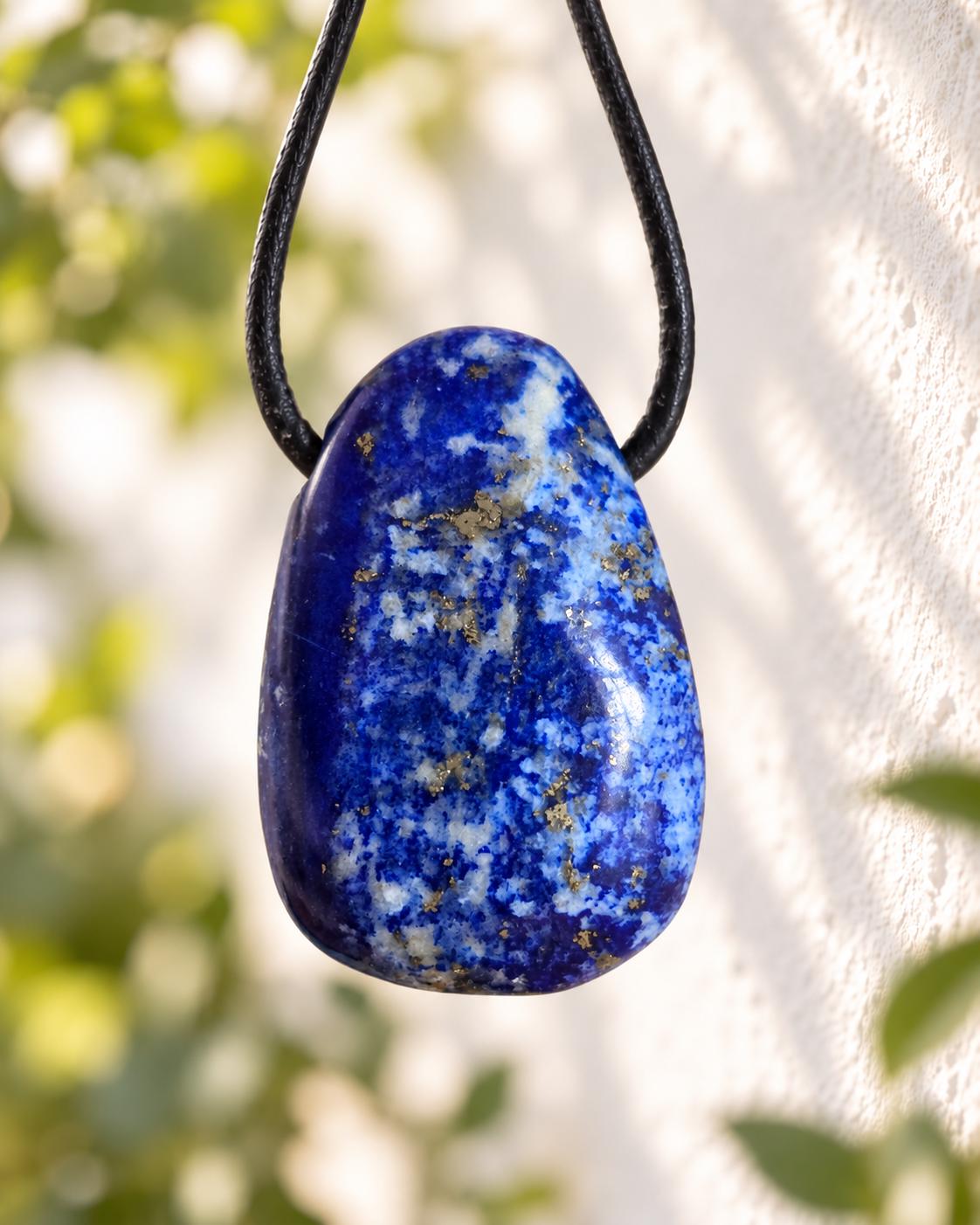 Lapislazuli Lapis Lazuli Anhänger, Himmels Stein, 28 x 18 x 9 mm, gebohrt, an verstellbarem Lederband