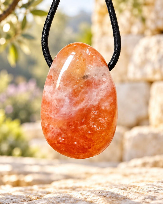 Red Healer, Erdbeer Quarz, Bergkristall mit Hämatit Feuer Quarz Anhänger, 29 x 19 x 11 mm, gebohrt, an verstellbarem Lederband