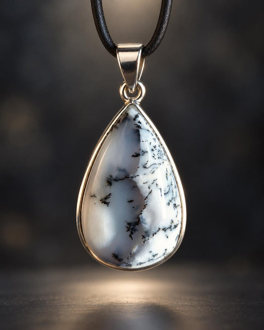 Dendriden Opal, Merlinit aus Madagaskar 37 x 18 x 8 mm, an 925er Silber Öse, an verstellbarem Lederband