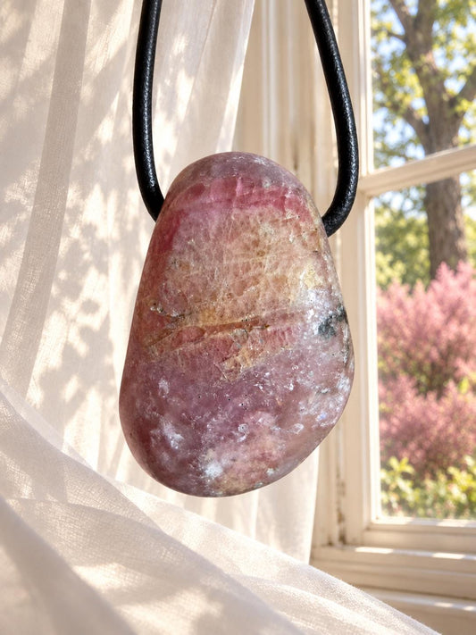 Bicolor Turmalin rot rosa gelb Turmalin, Rubellit, Trommelstein Anhänger, 30 x 21 x 21 mm, gebohrt, an verstellbarem Lederband