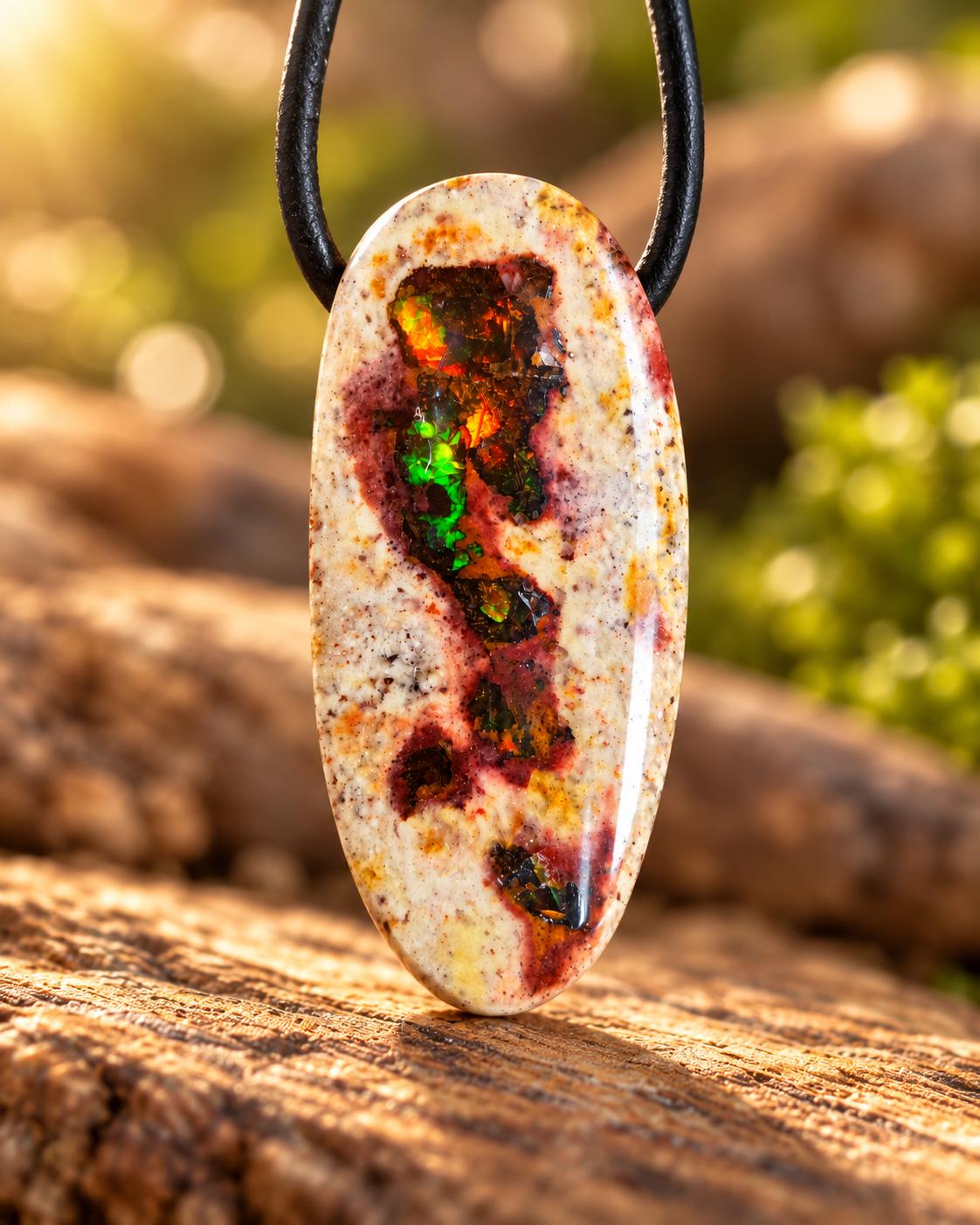 Multicolor mexikanischer Feueropal Anhänger, 33 x 18 x 9 mm, gebohrt, an verstellbarem Lederband