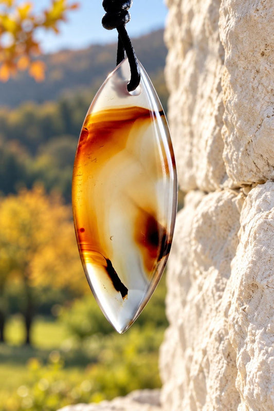 Montana Achat, Anhänger Navette, 47 x 19 x 5 mm, gebohrt, an verstellbarem Lederband