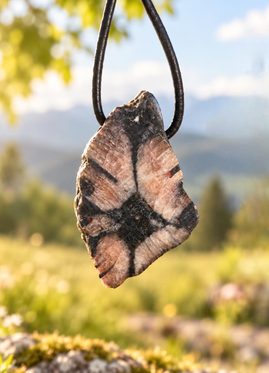 Kreuzstein Kreuz Stein Chiastolith Anhänger, 36 x 22 x 10 mm, gebohrt, an verstellbarem Lederband