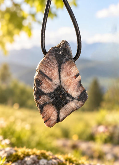 Kreuzstein Kreuz Stein Chiastolith Anhänger, 36 x 22 x 10 mm, gebohrt, an verstellbarem Lederband