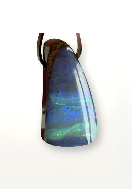 Boulder Opal Boulderopal Anhänger, 37 x 20 x 12 mm, an verstellbarem Lederband, blauer Kristall, flashfire Opal aus Winton Australien