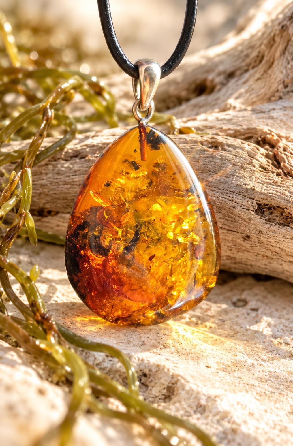 Baltischer Bernstein Anhänger, mit Einschlüssen von Blüten Bernstein Amulett, 42 x 26 x 12 mm, 925er Silberöse, an verstellbarem Lederband