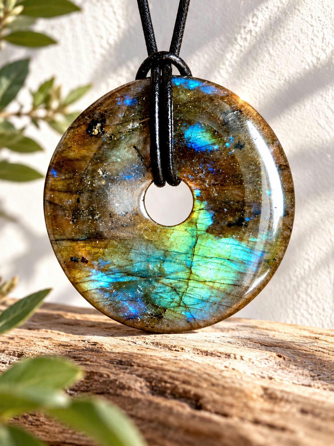 Labradorit blau grün gold Donut Anhänger groß, 40 x 7 mm, gebohrt, an verstellbarem Lederband, Herzchakra Selbstliebe Pi-Stein