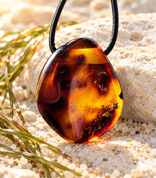 Bernstein Cognac Farben Anhänger, Bernstein Amulett, 33 x 28 x 13 mm , an Lederband, Ostseeküste Baltikum