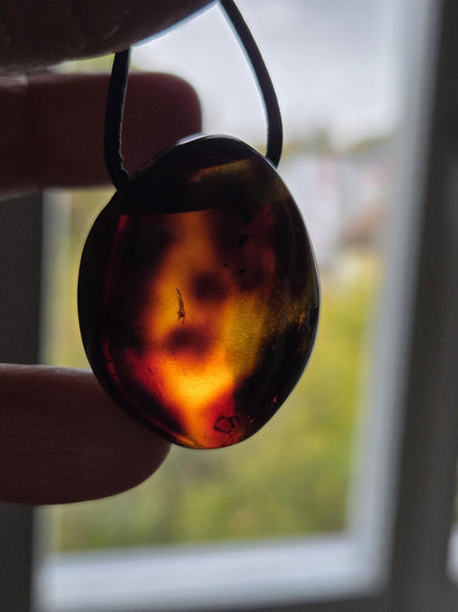 Bernstein Cognac Farben Anhänger, Bernstein Amulett, 33 x 28 x 13 mm , an Lederband, Ostseeküste Baltikum