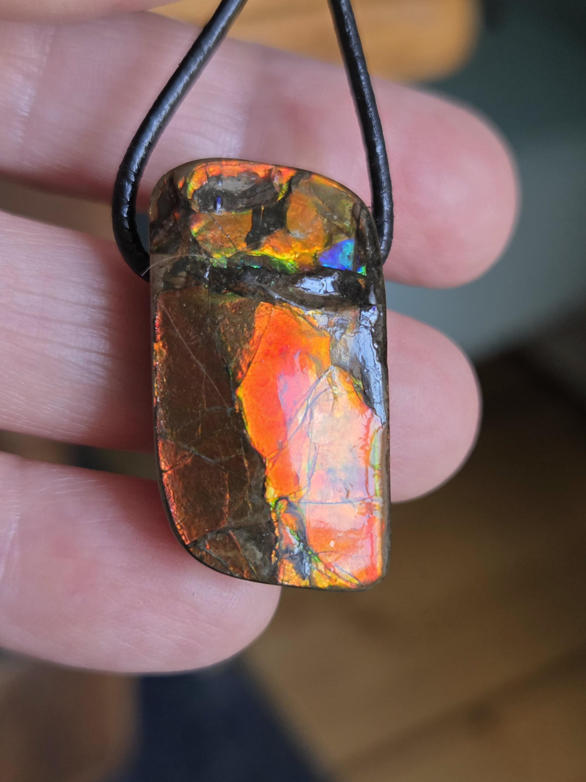 Magischer Ammolit Opal aus Alberta Kanada, Anhänger, 30 x 18 x 9 mm, gebohrt, an verstellbarem Lederband, ammolite, Ammonit