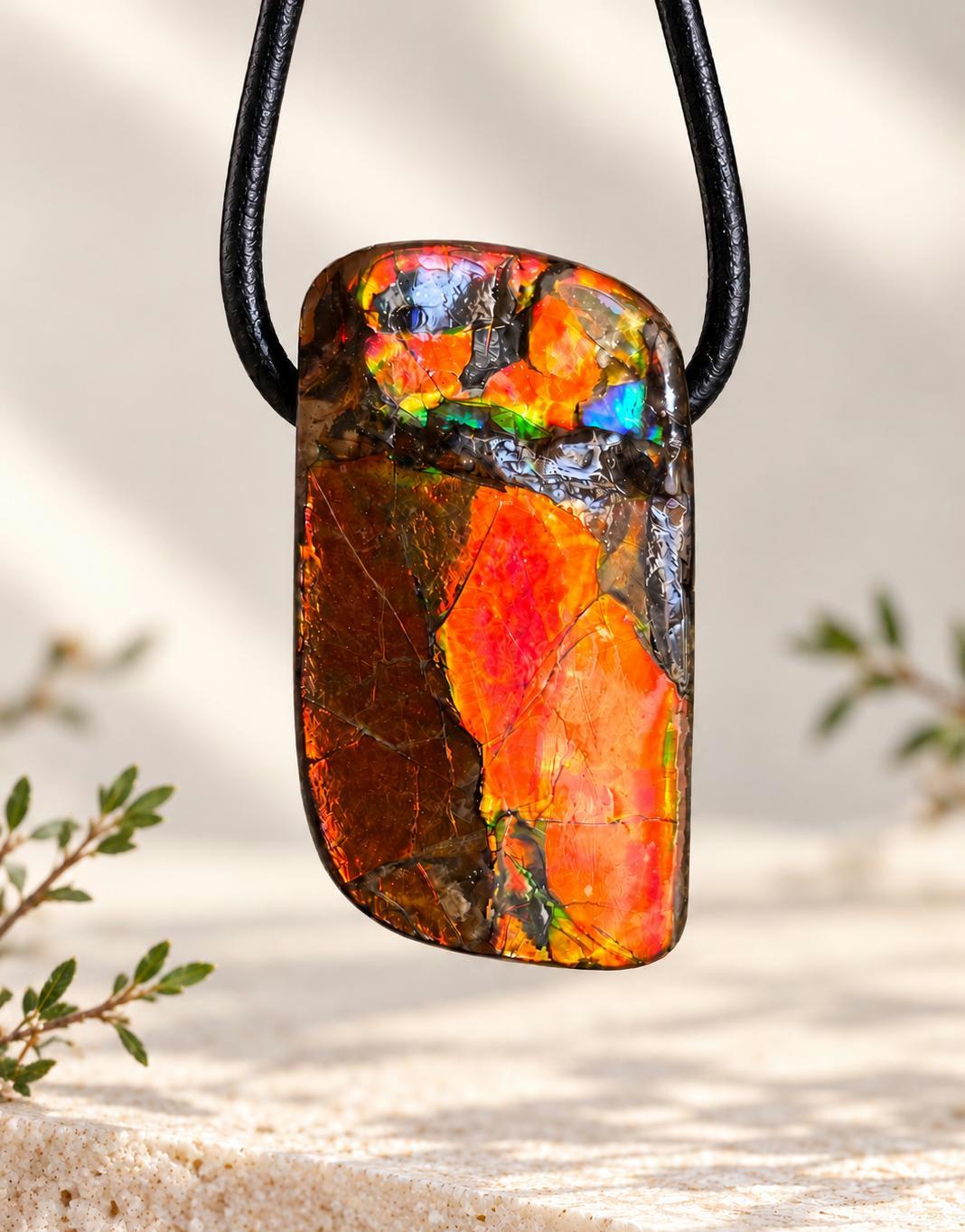Magischer Ammolit Opal aus Alberta Kanada, Anhänger, 30 x 18 x 9 mm, gebohrt, an verstellbarem Lederband, ammolite, Ammonit