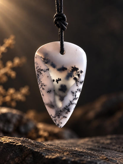 Dendriden Opal, Merlinit aus Madagaskar 42 x 25 x 6 mm, gebohrt, an verstellbarem Lederband