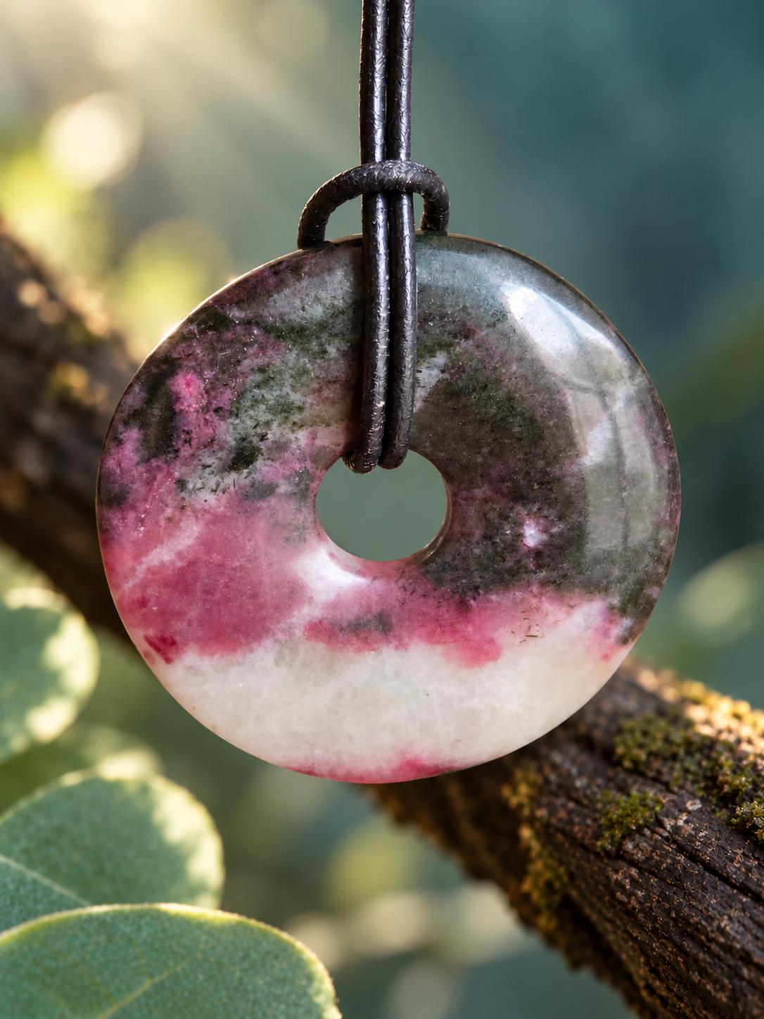 Seltener Eudialyt Donut Anhänger groß aus Lappland, 37 x 7 mm, gebohrt, an verstellbarem Lederband, Pi-Stein
