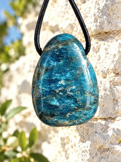 Apatit Anhänger, 30 x 23 x 11 mm, gebohrt, an verstellbarem Lederband, Hals Chakra, Harmonie und Lebensfreude