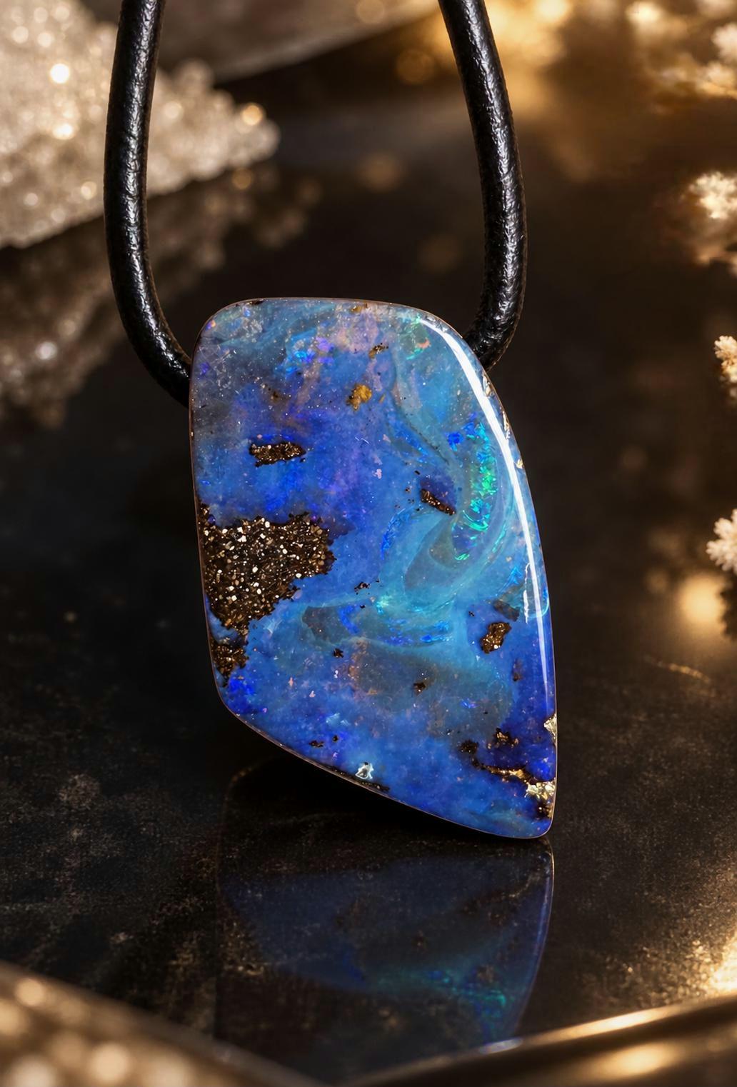 Kleiner Boulder Opal, Boulderopal blau flash fire, Anhänger, 23 x 15 x 7 mm, Quilpie Queensland Australien, an verstellbarem Lederband