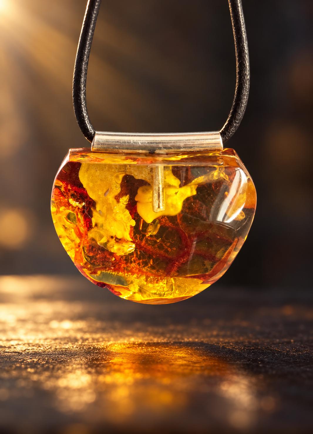 Baltischer Bernstein Anhänger, mit Einschlüssen von Blüten Bernstein Amulett, 27 x 33 x 14 mm, 925er Silberöse, an verstellbarem Lederband