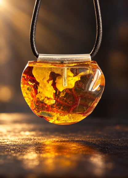 Baltischer Bernstein Anhänger, mit Einschlüssen von Blüten Bernstein Amulett, 27 x 33 x 14 mm, 925er Silberöse, an verstellbarem Lederband