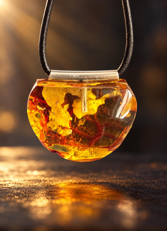 Baltischer Bernstein Anhänger, mit Einschlüssen von Blüten Bernstein Amulett, 27 x 33 x 14 mm, 925er Silberöse, an verstellbarem Lederband