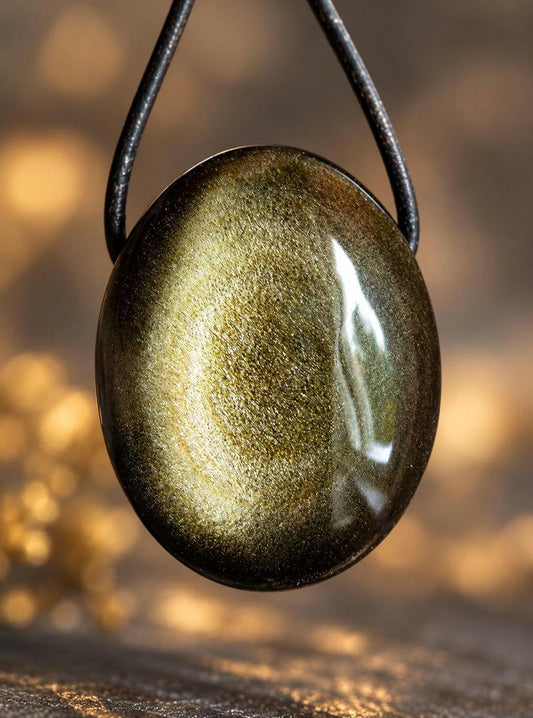 Beidseitiger Goldobsidian Golden Sheen Obsidian, Anhänger, 37 x 28 x 20 mm, gebohrt, an verstellbarem Lederband, Solarplexus