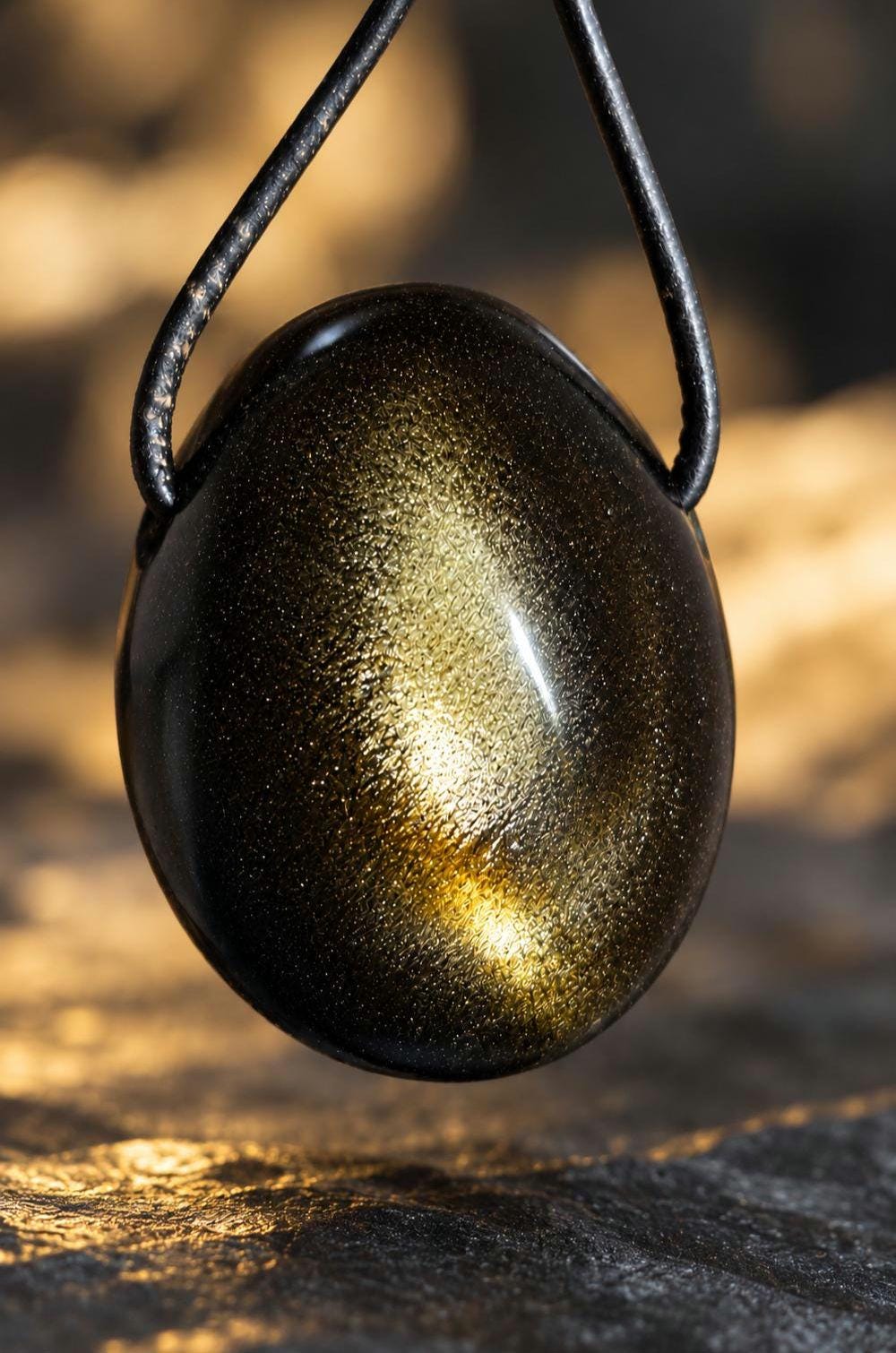 Beidseitiger Goldobsidian Golden Sheen Obsidian, Anhänger, 37 x 28 x 20 mm, gebohrt, an verstellbarem Lederband, Solarplexus