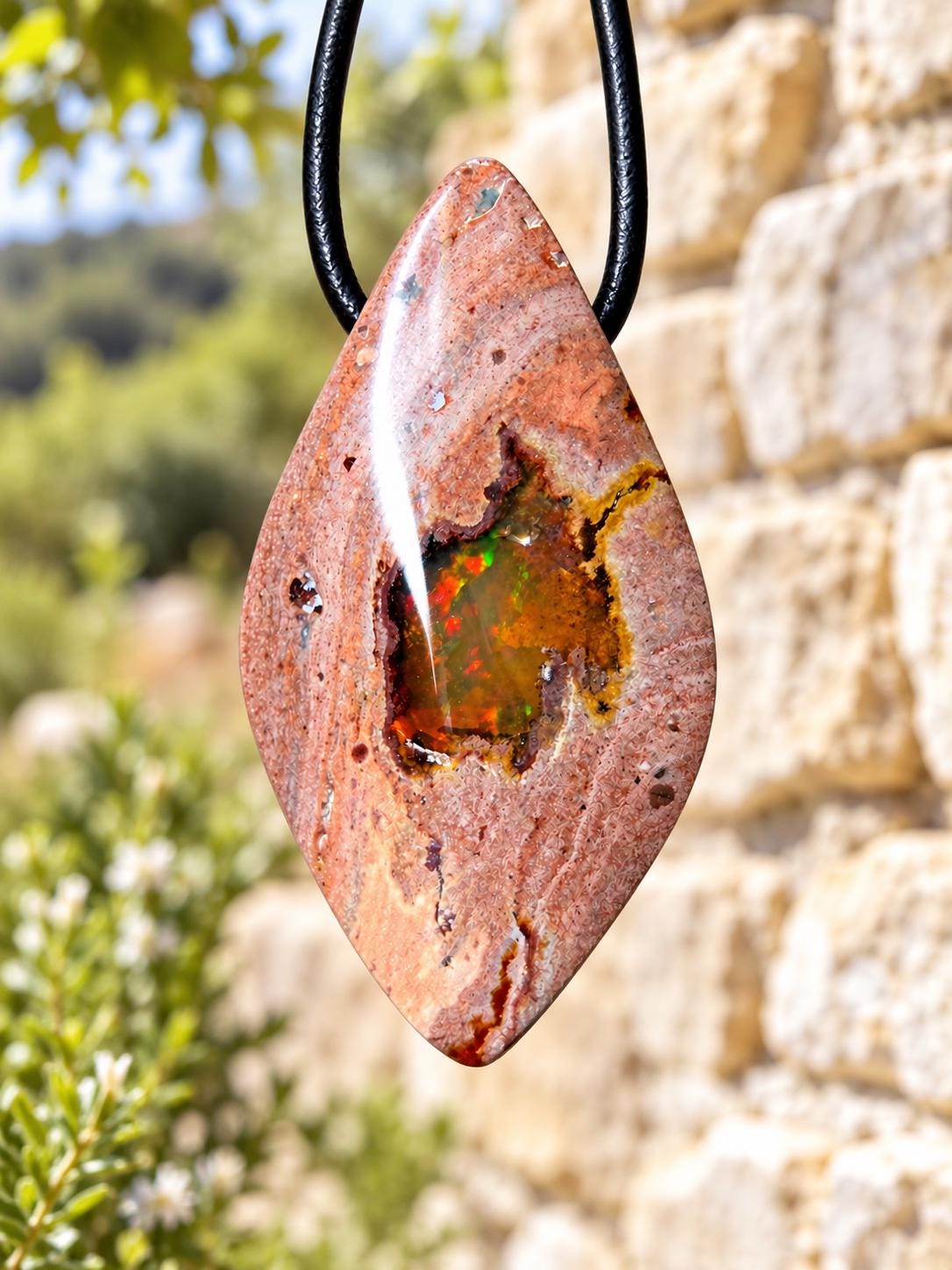 Mexikanischer Feueropal multicolor Anhänger, Navette 43 x 24 x 12 mm, gebohrt, an verstellbarem Lederband