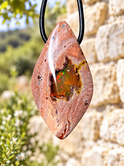 Mexikanischer Feueropal multicolor Anhänger, Navette 43 x 24 x 12 mm, gebohrt, an verstellbarem Lederband