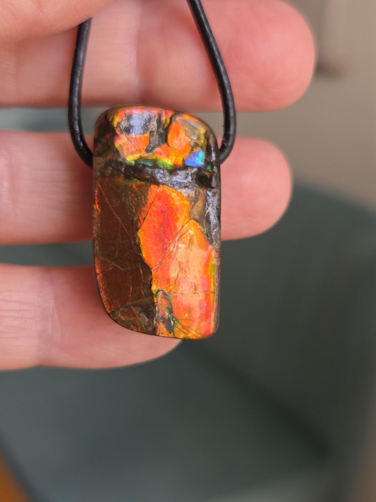 Magischer Ammolit Opal aus Alberta Kanada, Anhänger, 30 x 18 x 9 mm, gebohrt, an verstellbarem Lederband, ammolite, Ammonit