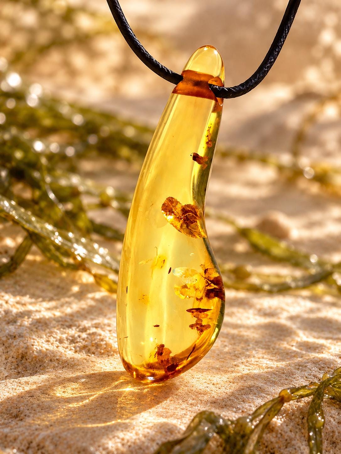Baltischer Bernstein Anhänger goldfarben, Amulett, Amber pendant, 54 x 12 x 10 mm, an verstellbarem Lederband, Inclusen
