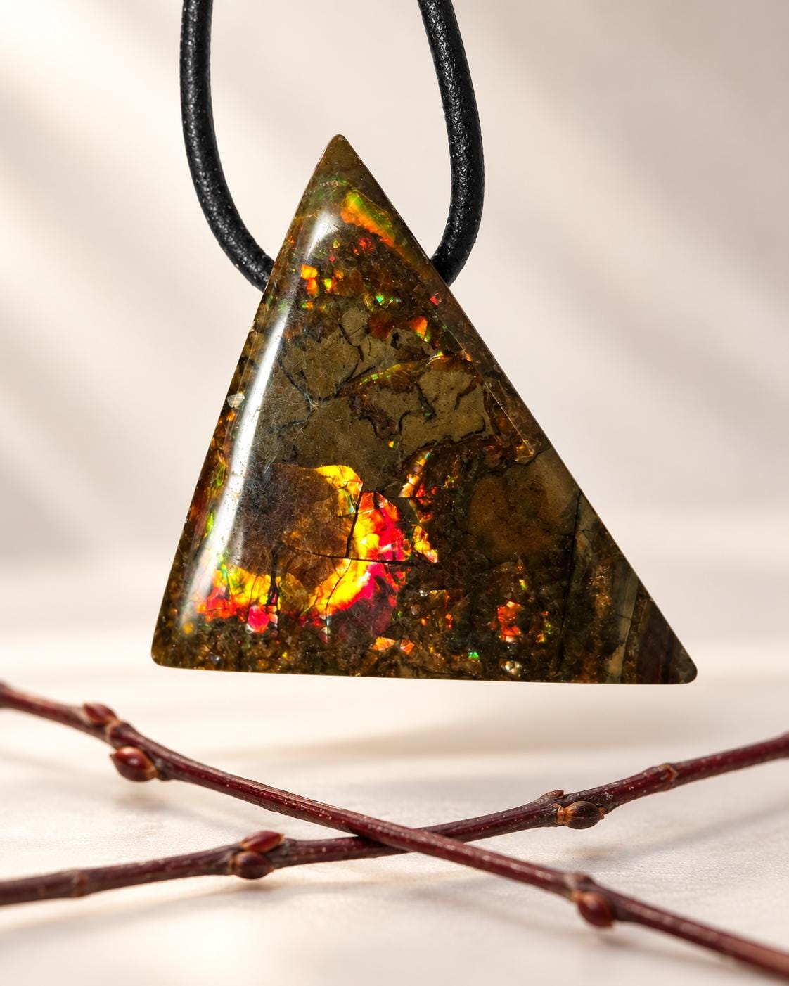 Ammolit Opal Anhänger grün gold orange, aus Kanada, 29 x 29 x 9 mm, gebohrt, an verstellbarem Lederband