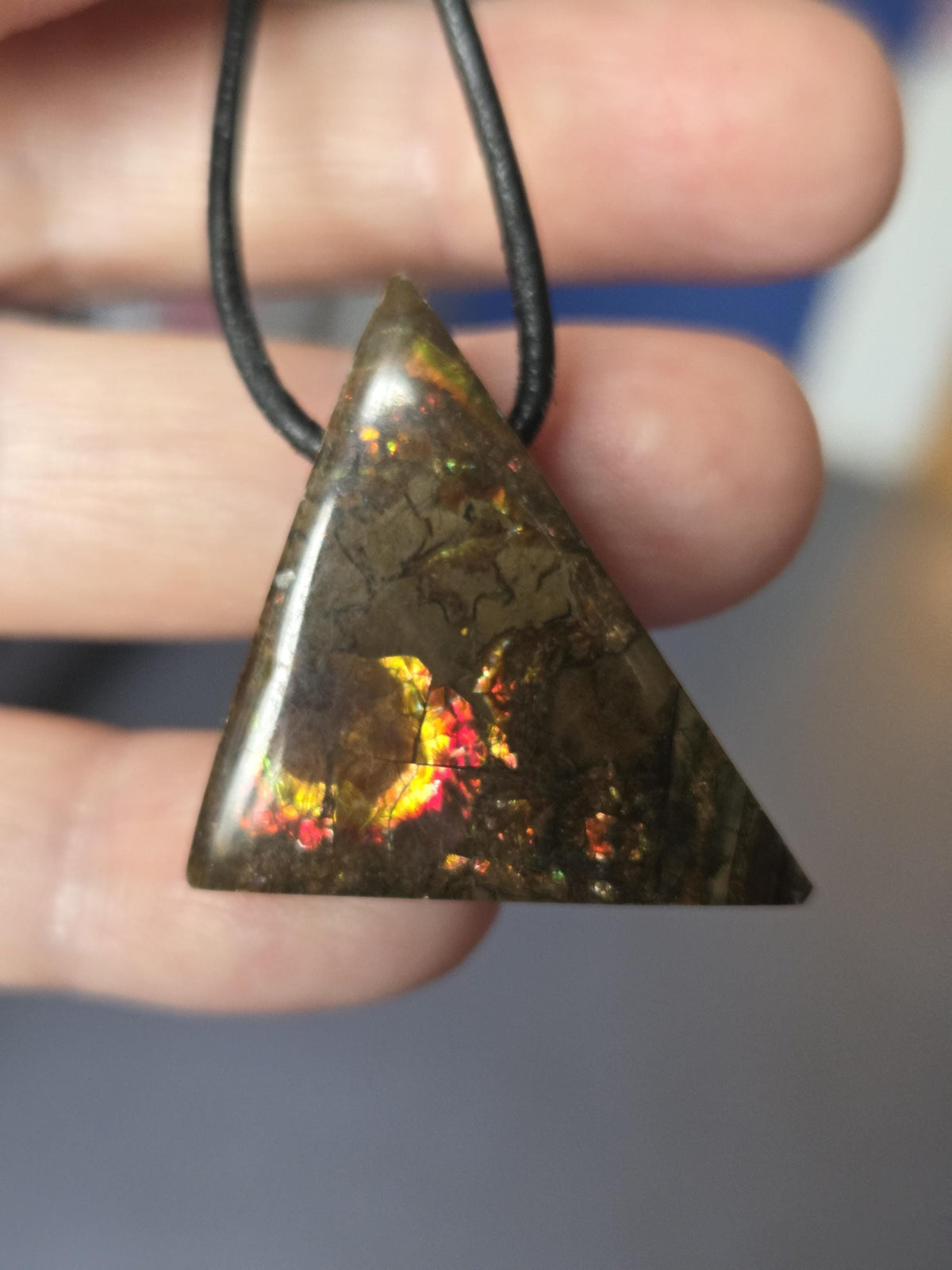 Ammolit Opal Anhänger grün gold orange, aus Kanada, 29 x 29 x 9 mm, gebohrt, an verstellbarem Lederband