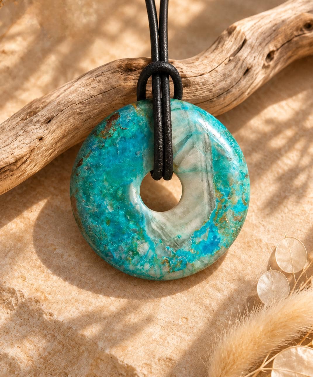 Chrysokoll Donut Anhänger, 34 x 8 mm, an verstellbarem Lederband, Pi-Stein
