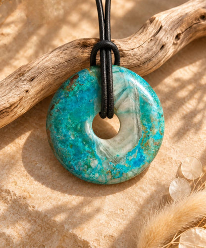 Chrysokoll Donut Anhänger, 34 x 8 mm, an verstellbarem Lederband, Pi-Stein