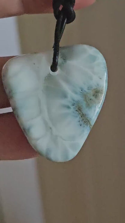 Pretty large Larimar, stone from Atlantis, pendant, 35 x 31 x 8 mm, drilled, Larimar pendant, Larimar on leather strap 11.93 g, 59.65 ct.