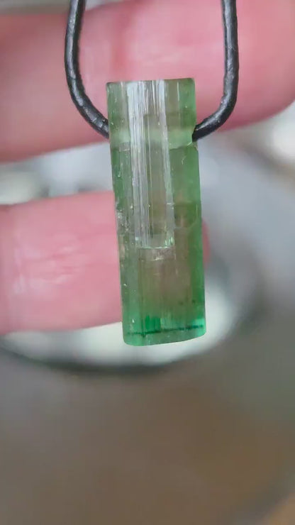 Wassermelonenturmalin Verdelith Rohstein Stäbchen, Anhänger, 26 x 9 x 10 mm, gebohrt,  an verstellbarem Lederband