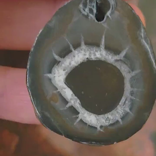 Seltener Septarie Stein, Drachen Stein, Drachenei, Fossil fossiler  Schmuck Anhänger, 39 x 32 x 11 mm, gebohrt, an verstellbarem Lederband