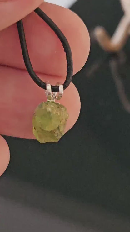 Peridot Nugget Olivine, crystal, mini pendant, 14 x 7 x 8 mm, drilled, on leather strap, on 925 silver eyelet, on adjustable leather strap