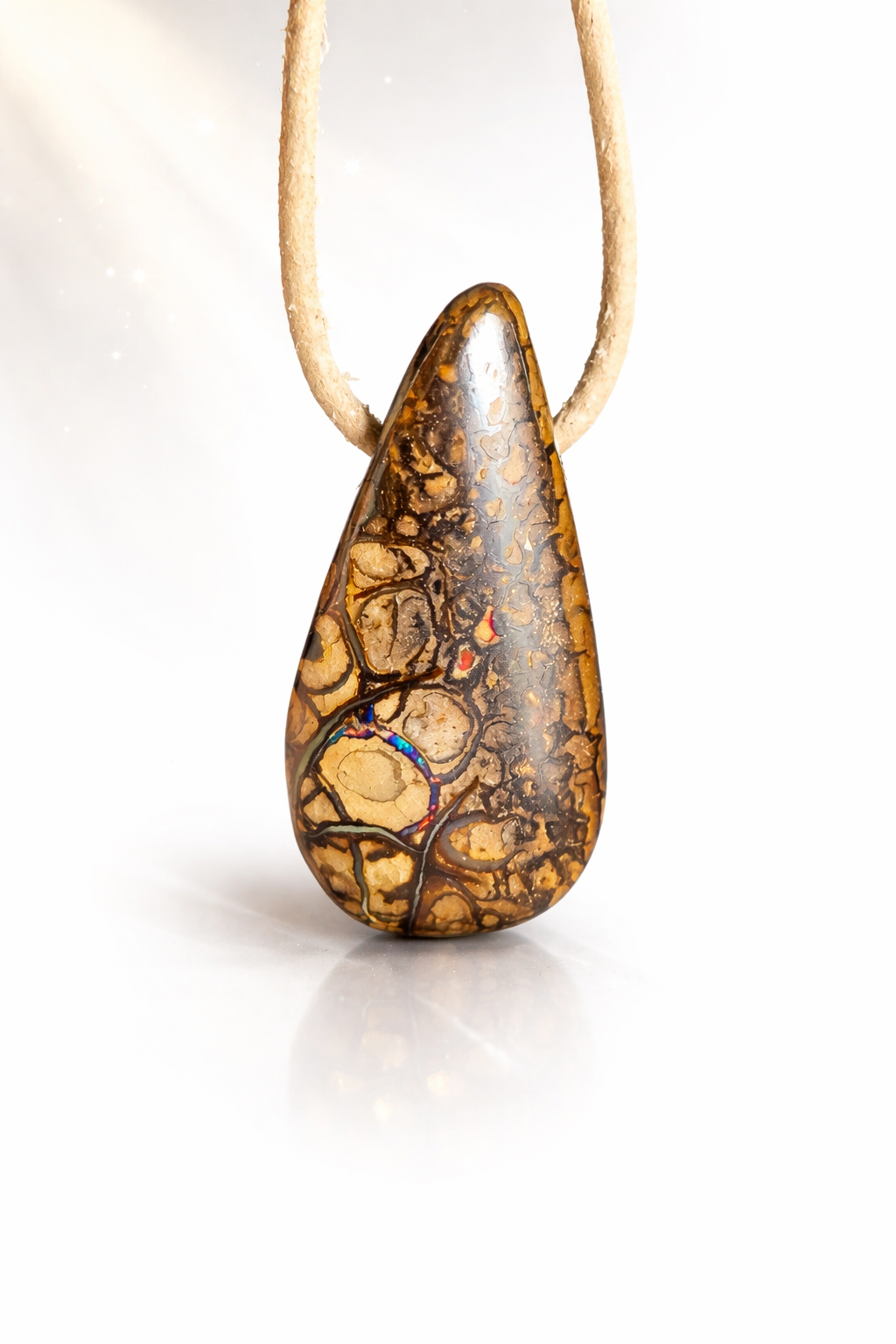 Boulder Opal  Boulderopal Anhänger KoroitOpal, "Eigene Wege", 31 x 15 x 8 mm, gebohrt, an verstellbarem Lederband